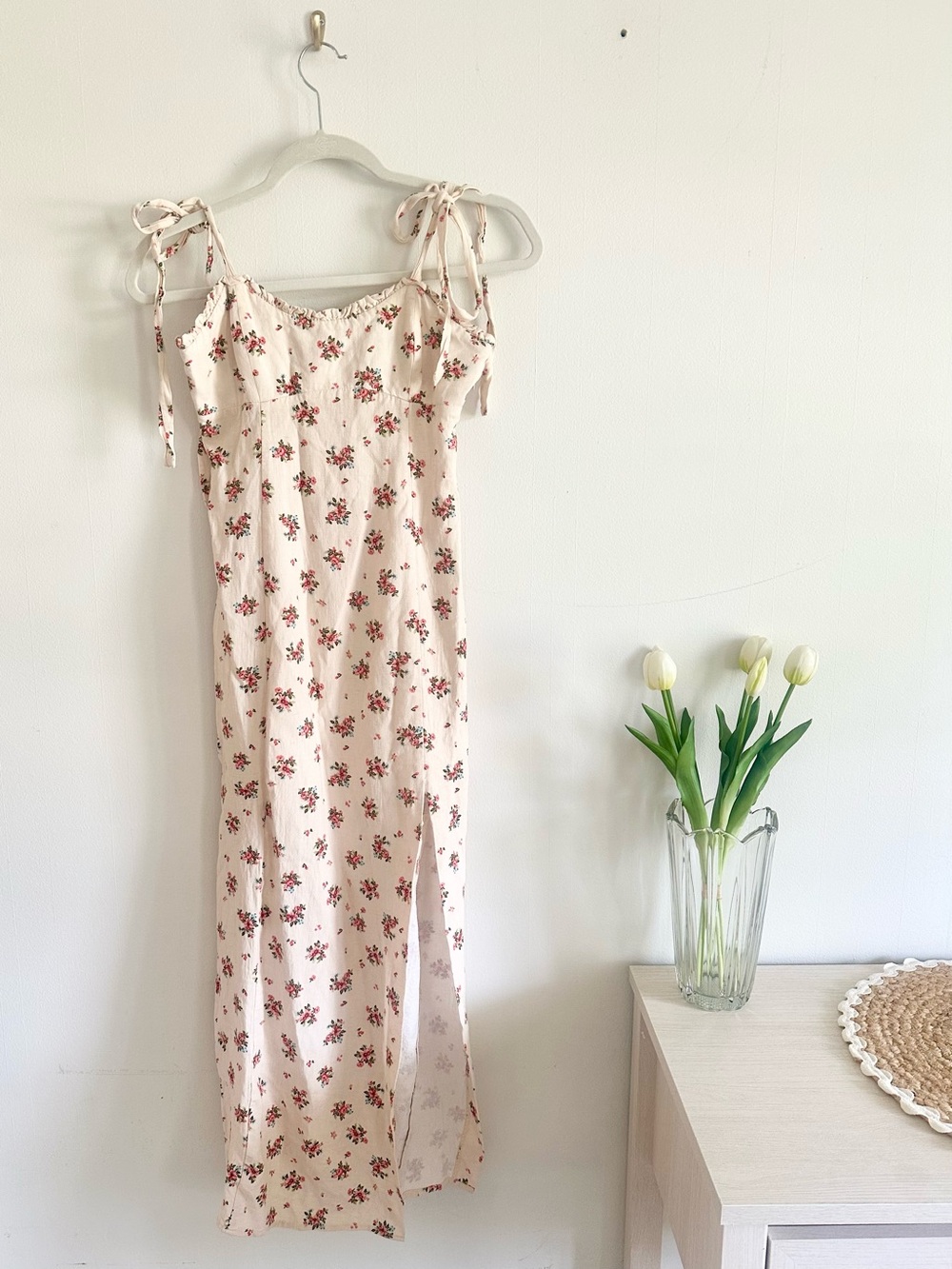 Zara Linen Blend Floral Midi Dress Tie Strap Cottagecore Dress XS